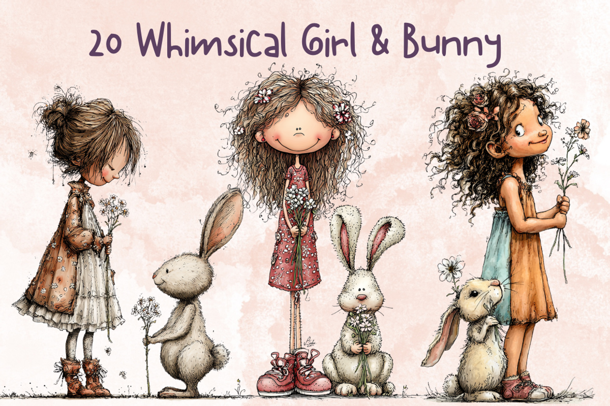 Whimsical Floral Girl and Bunny, an Animal Illustration by GiraffeCreative (Photo 1 of 20)