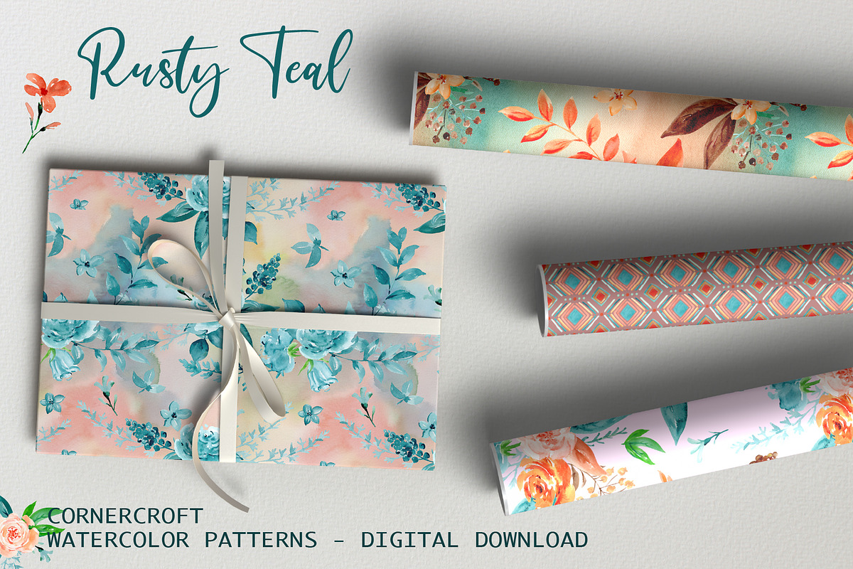 Rusty Teal Floral Clipart & Patterns, an Illustration by Corner Croft (Photo 9 of 13)