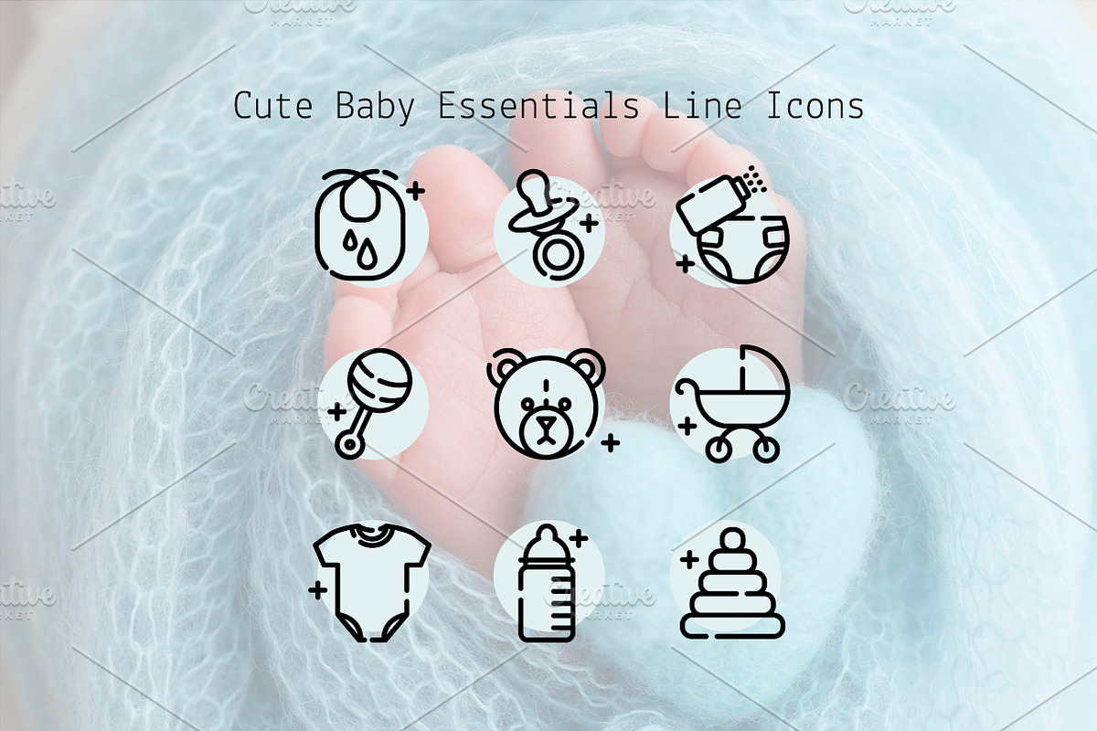 Cute Baby Essentials Line Icons, an Outline Icon by Lyolya Profitrolya (Photo 1 of 2)