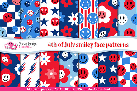 4th Of July Retro Smiley Faces, a Pattern Graphic by PolpoDesign