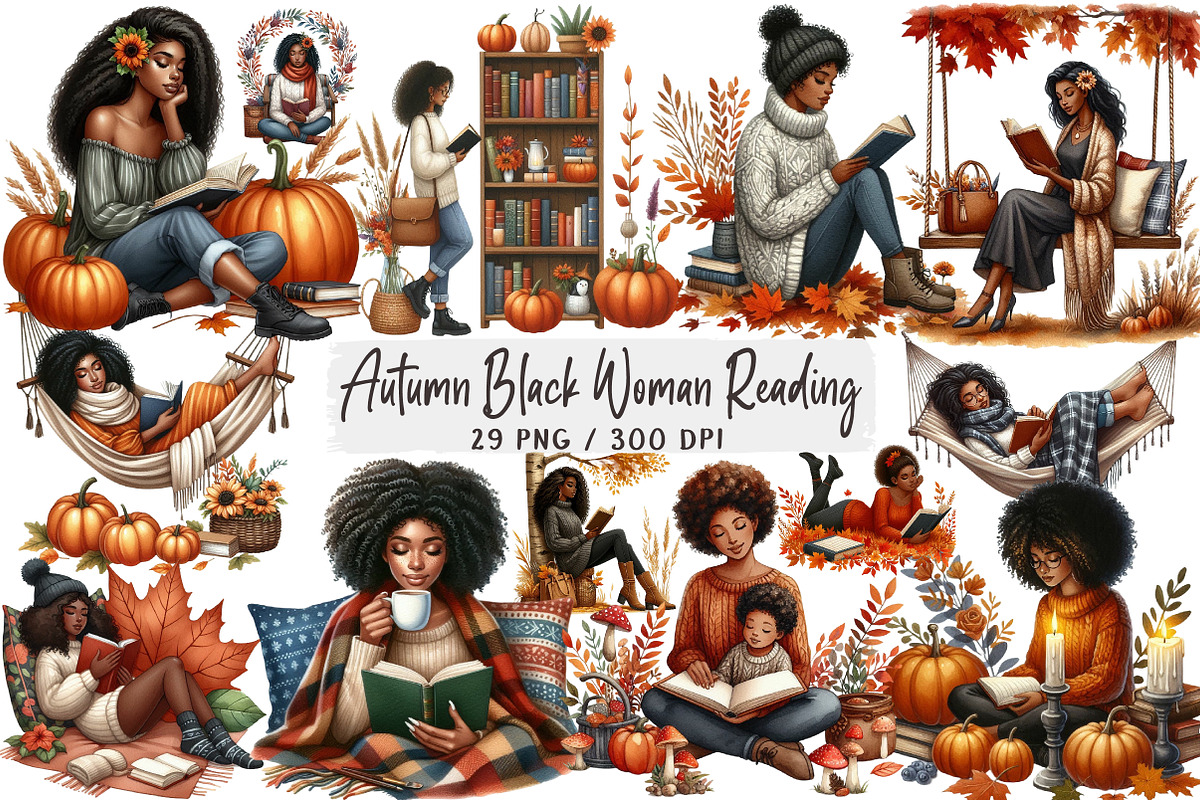 Autumn Black Woman Reading Clipart, an Illustration by DreamArtGraphic (Photo 1 of 4)