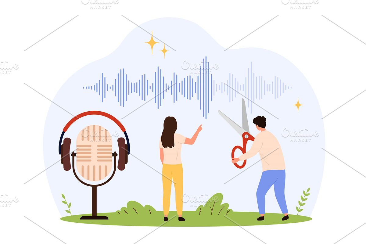 Tiny People Editing Audio Waveform, a Technology Illustration by Flashvector