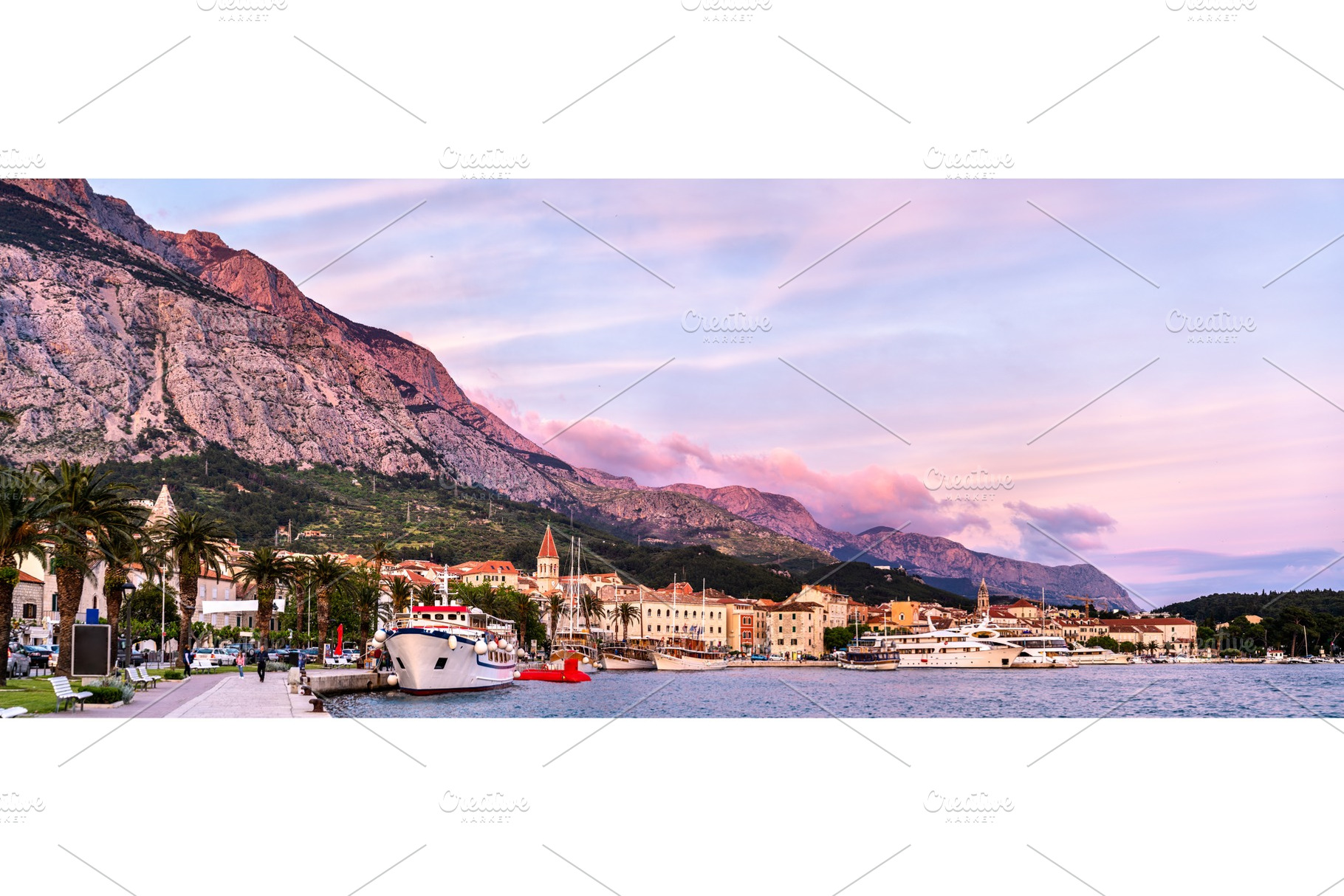 Panorama of makarska town in croatia containing makarska, croatia,, an Architecture Photo by Leonid Andronov
