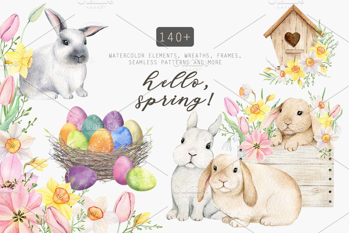 Spring flower, Easter set Watercolor, an Animal Illustration by Daryartsy (Photo 1 of 12)