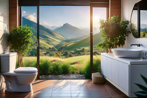 Modern white bathroom with window plant and landscape with mount, a Health & Medical Photo by Davizro's Market