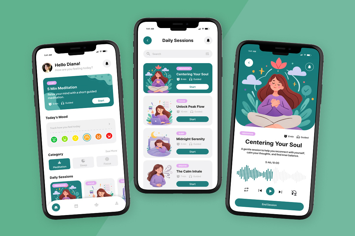 Mindora - Calm Wellness App UI Kit, an App Template by trabaskriya (Photo 4 of 5)