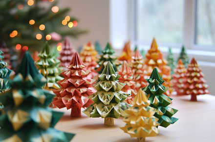 A collection of colorful origami Christmas trees in various sizes, displayed on, an Arts & Entertainment Photo by Textures & Backgrounds