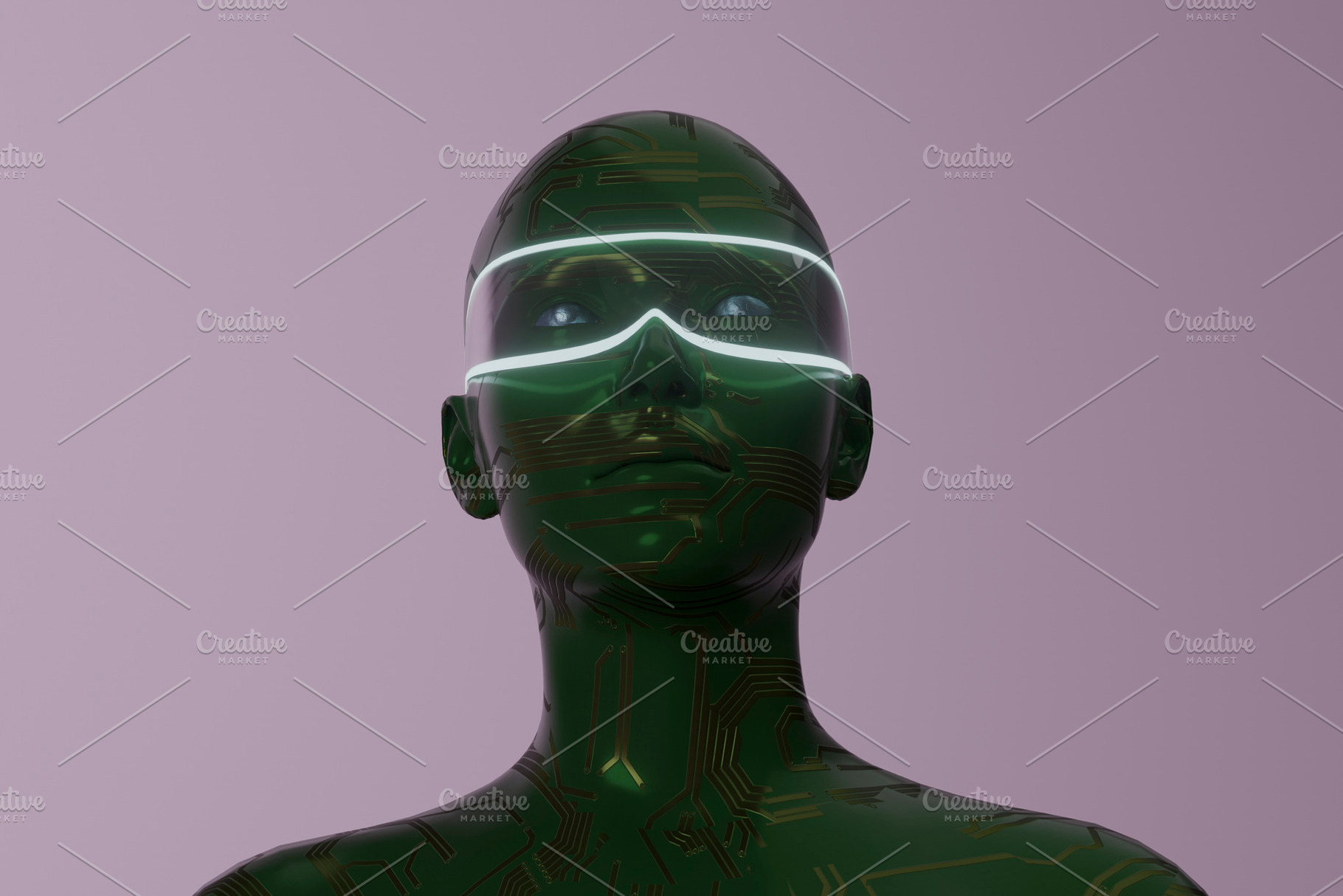 Green circuit humanoid wearing glowing smart visor, a Technology Photo by RF Images