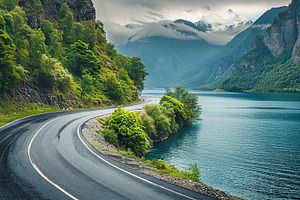 Beautiful landscape of winding asphalt road near the lake, an Abstract Photo by AlyaAnd