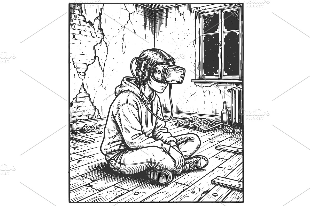 Teen Wearing VR Headset in Abandoned, a Person Illustration by AlexArt
