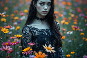 beautiful young goth woman amidst flowers AI generated, a Photo by WorldOfPhotos