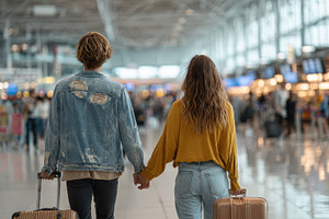 Couple holding hands walking airport, a Photo by Pixeness Studio