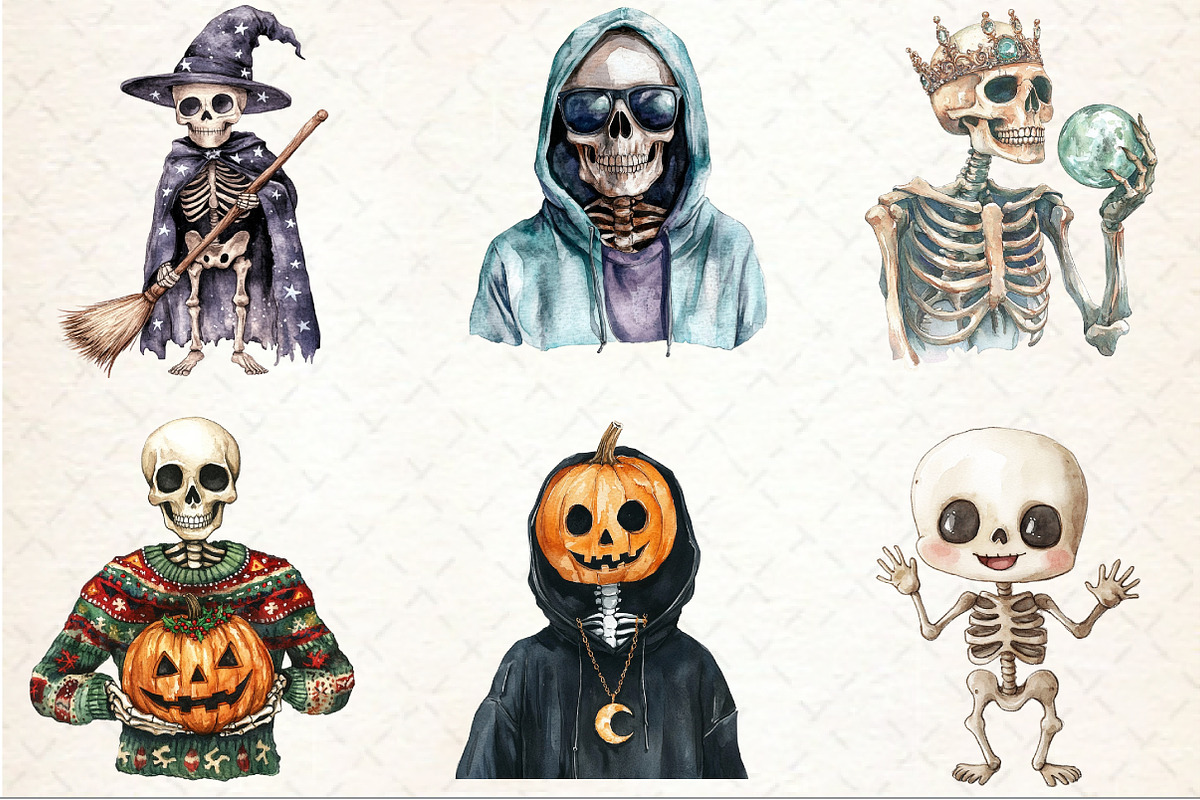Watercolor Halloween Skeleton Clipar, an Illustration by Rose Art (Photo 3 of 7)