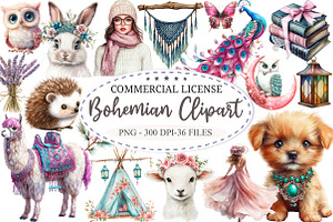 Watercolor Bohemian Clipart Bundle