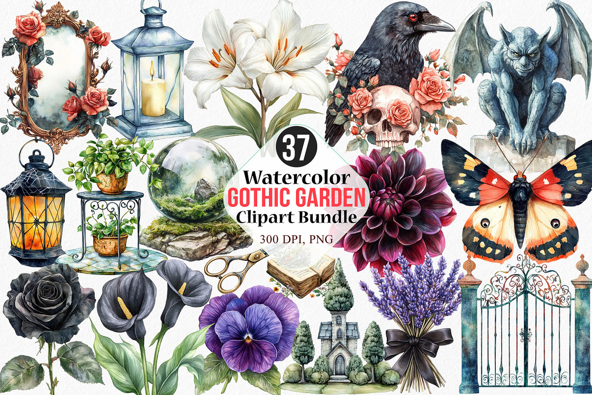 Watercolor Gothic Garden Clipart, an Illustration by Canvas Craft (Photo 1 of 8)