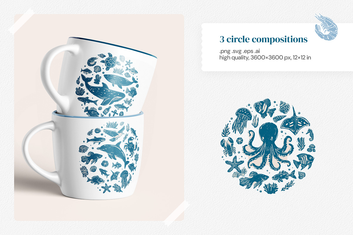 Ocean Life | Linocut collection, a Pattern Graphic by SappiStudio (Photo 11 of 21)