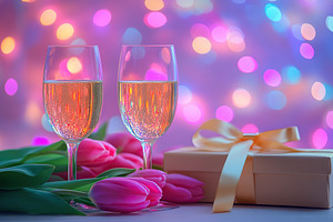 Champagne glasses on blurred lights background, Valentine's Day, a Photo by AlyaAnd