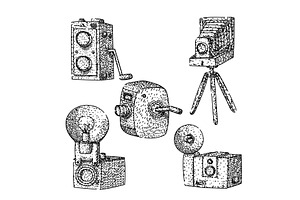vintage camera set sketch hand drawn, an Object Illustration by pikepicture