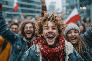 Joyful polish students celebrating together outdoors showcasing youthful energy, a Photo by AS photostudio