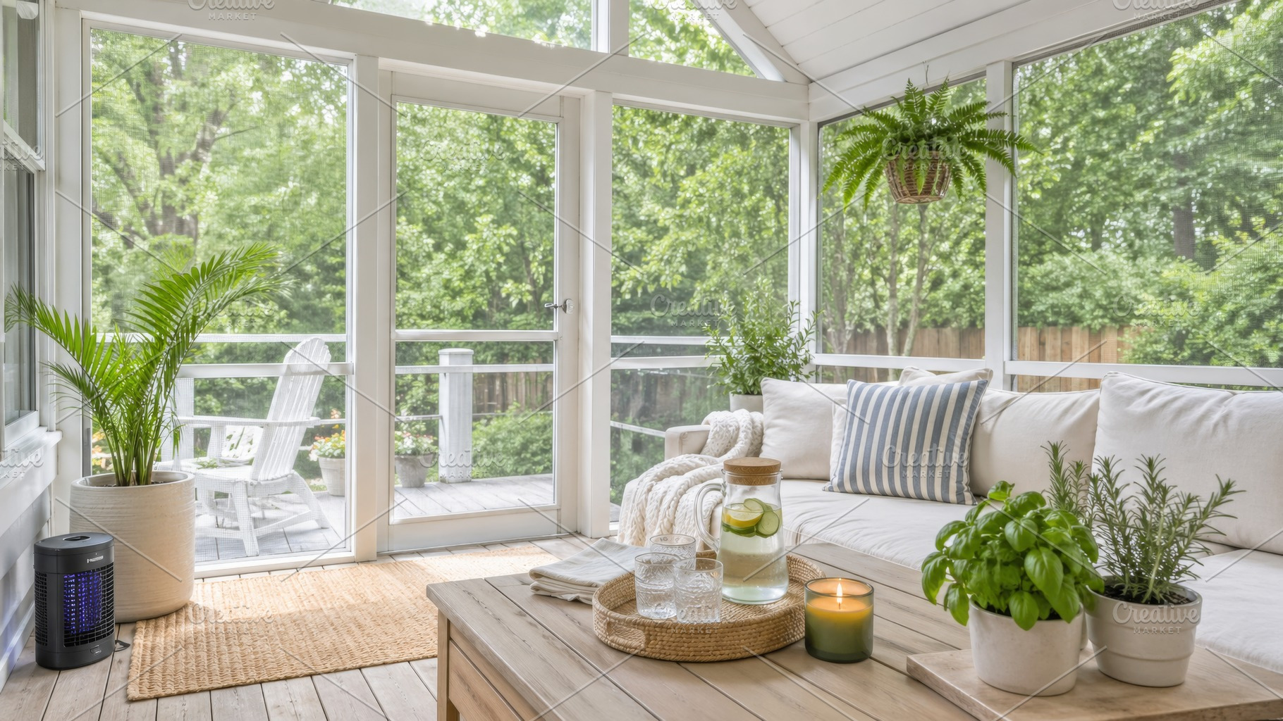 Bright sunroom interior with cozy se, a Photo by Dvoevnore photos