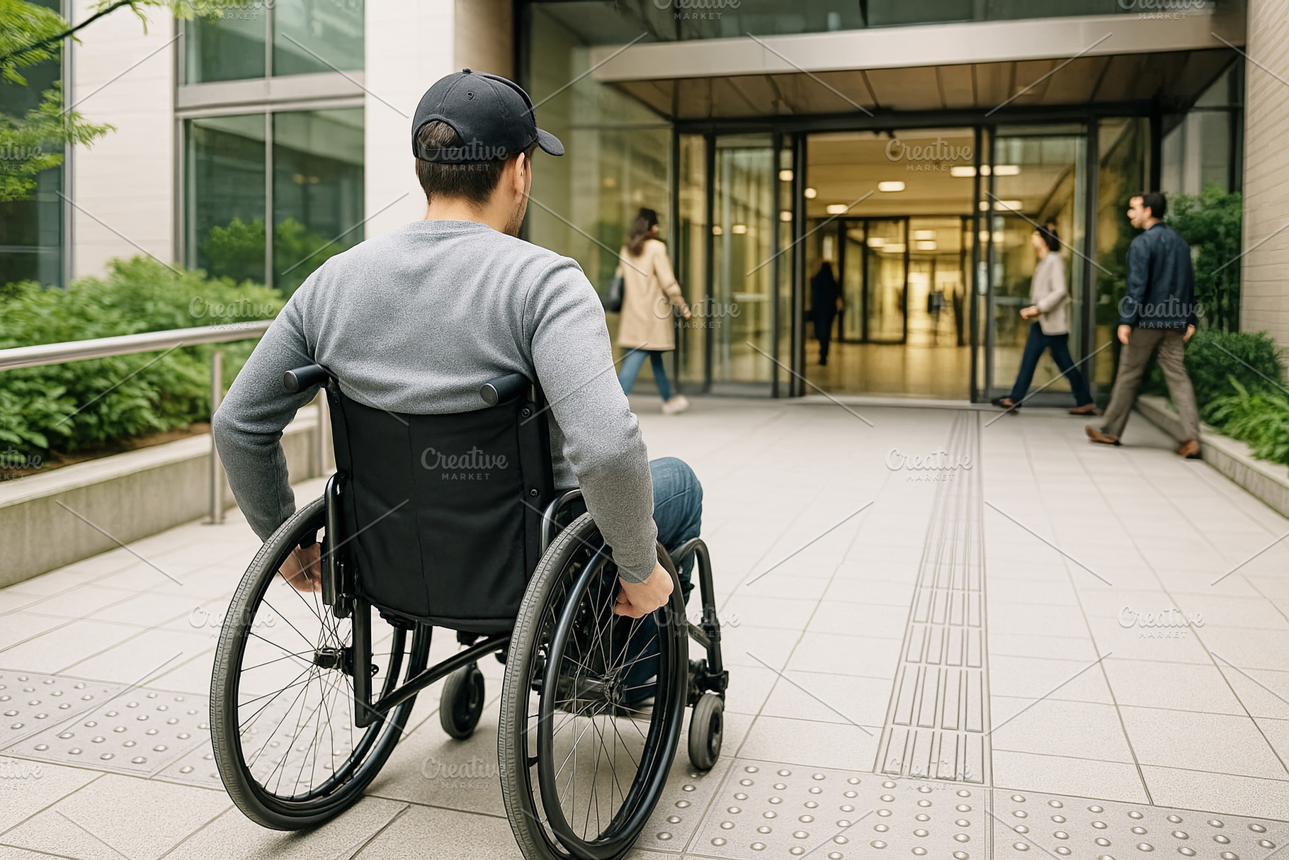 Man in wheelchair approaching buildi, a Photo by Dvoevnore photos