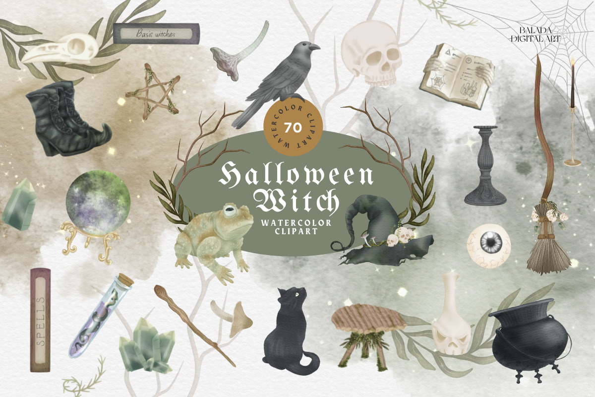 Watercolor Halloween Witch PNG, a Decorative Illustration by Balada ...