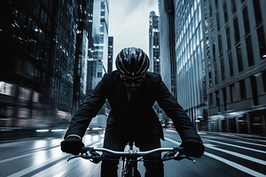 Businessman in helmet rides bicycle, a Photo by Pavel_design