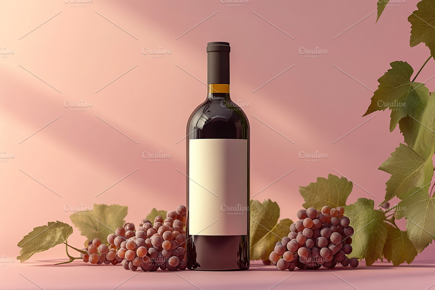 Wine bottle with blank label surrounded by clusters of grapes on a soft pink ba, a Food & Drink Photo by AlyaAnd