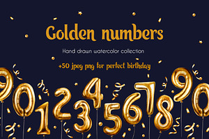 Golden birthday numbers watercolor