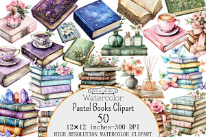 Watercolor Pastel Books Clipart, a Seasonal Illustration by Design Market