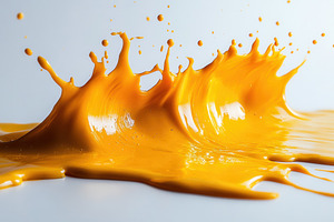 Vivid yellow paint splashes create d, a Photo by Tanuart