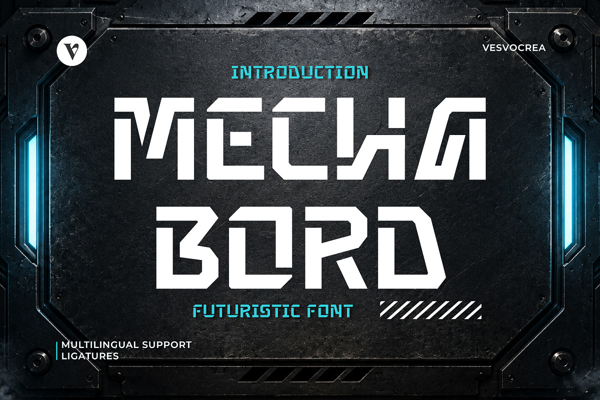 Mecha Bord - Futuristic Display Font, a Sans Serif Font by Vesvocrea (Photo 1 of 8)