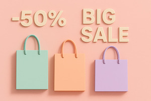 Pastel shopping bags and sale text o, a Photo by Dvoevnore photos