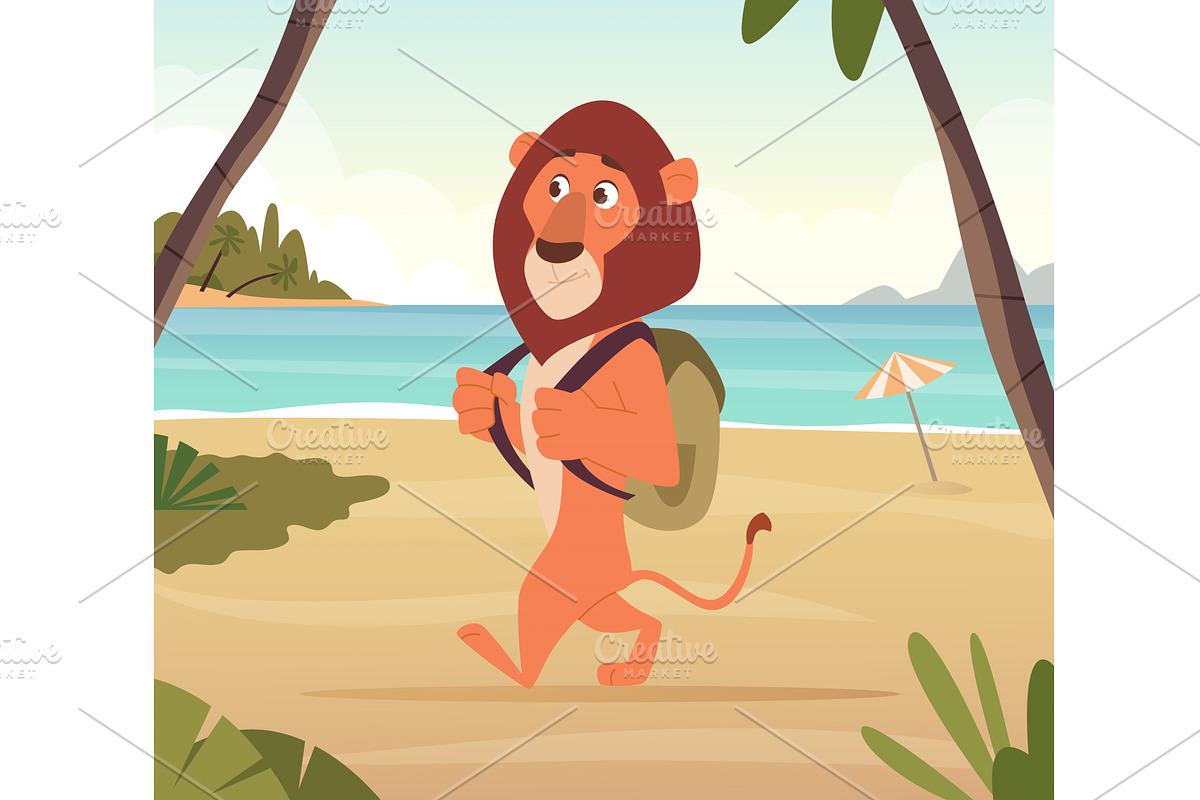 Lion traveller. wild cartoon animal, an Animal Illustration by Onyx