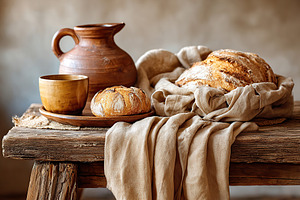 Rustic still life featuring clay jug, wooden bowl, and freshly baked bread on w, a Food & Drink Photo by AlyaAnd