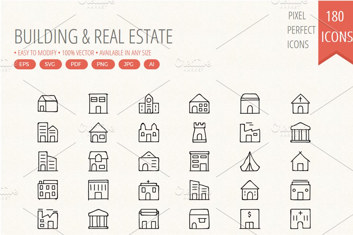 170 Buildings Hand Drawn icons, an Icon by Dinosoftlabs (Photo 2 of 3)