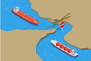 Isometric cargo ships blocked at a, an Illustration by Golden Sikorka