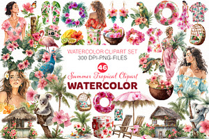 Watercolor Summer Tropical Clipart, an Illustration by Designworld