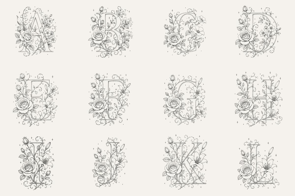 Floral Alphabet Line Art Vol 2, a Decorative Illustration by AW Studios (Photo 2 of 6)