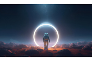 An astronaut stands before a glowing, a Technology Photo by Igor Tichonow