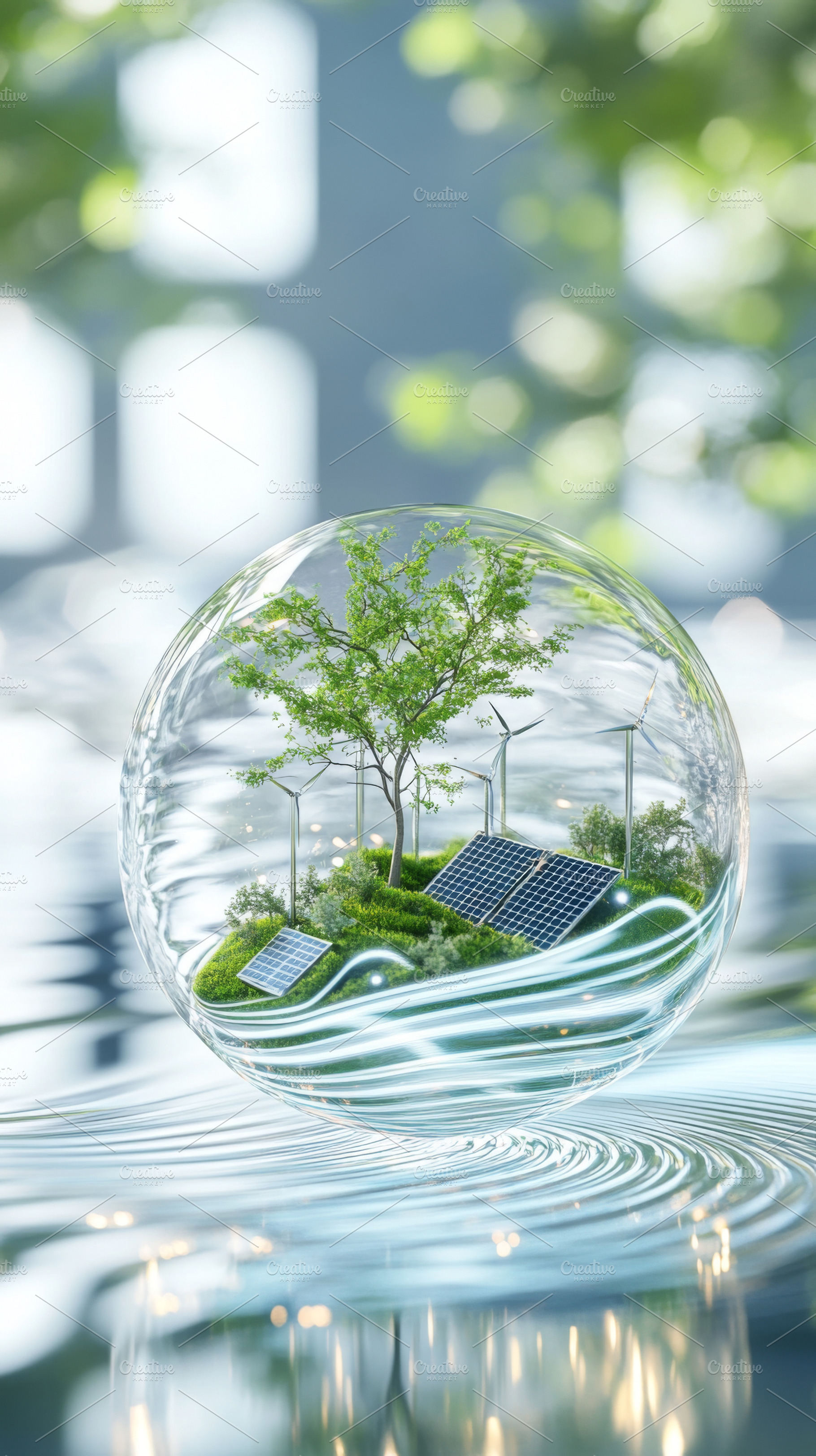 Eco concept for earth day with green trees, wind turbines and so, a Photo by Dvoevnore photos
