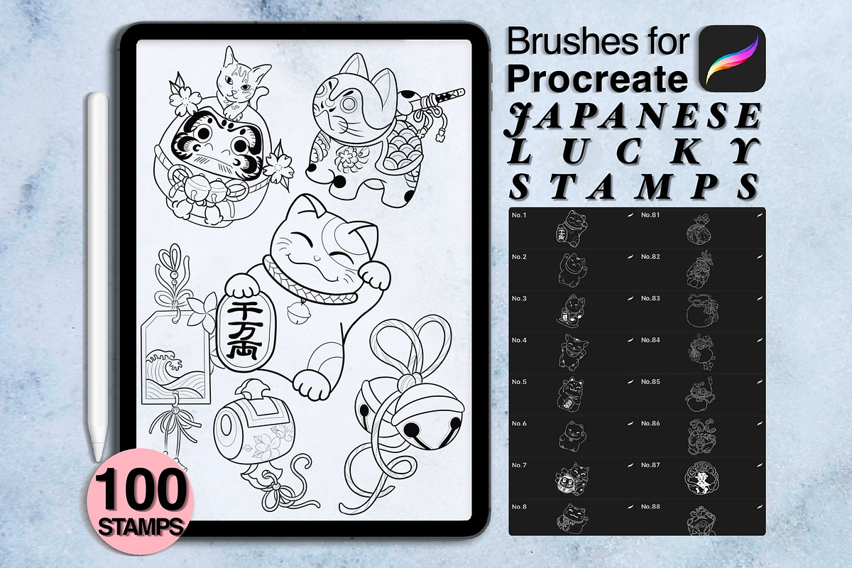 100 procreate Japanese lucky stamps, a Brush Add-On by Arts For Peace (Photo 1 of 9)