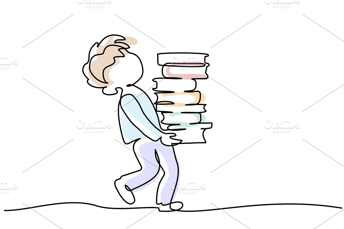 Young boy pupil walk and carry stack, an Education Illustration by Valenty