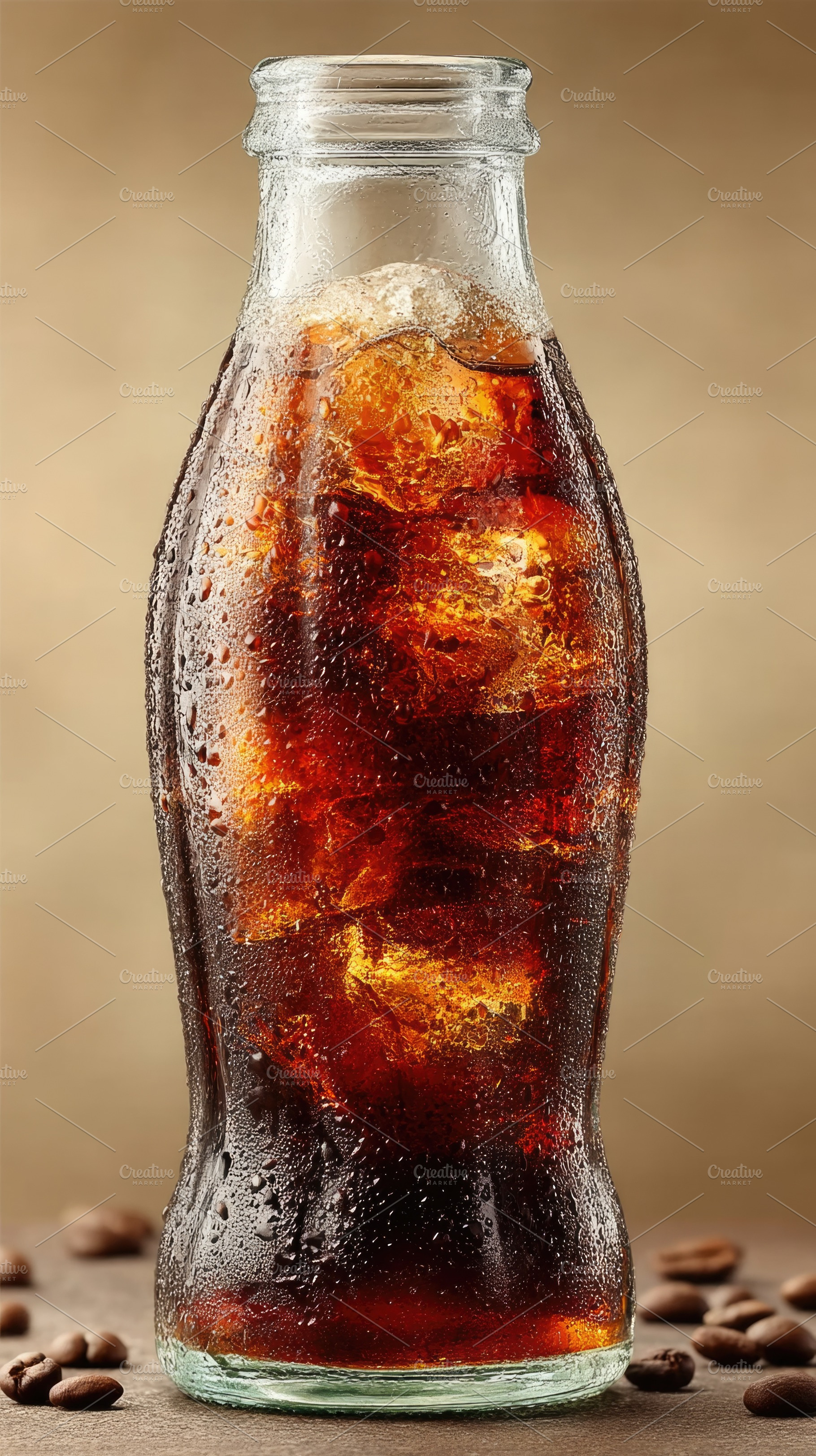 Cold iced coffee drink in glass bottle with condensation, refres, a Food & Drink Photo by José Manuel Gelpi