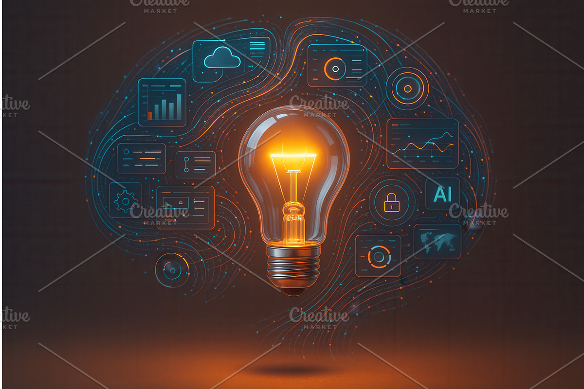 A glowing light bulb surrounded by, a Technology Illustration by Sergey Kotenev