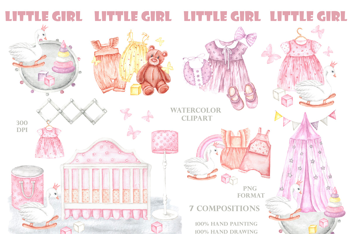 Little girl watercolor set. Nursery, a Person Illustration by SabinaWatercolorArt (Photo 3 of 15)