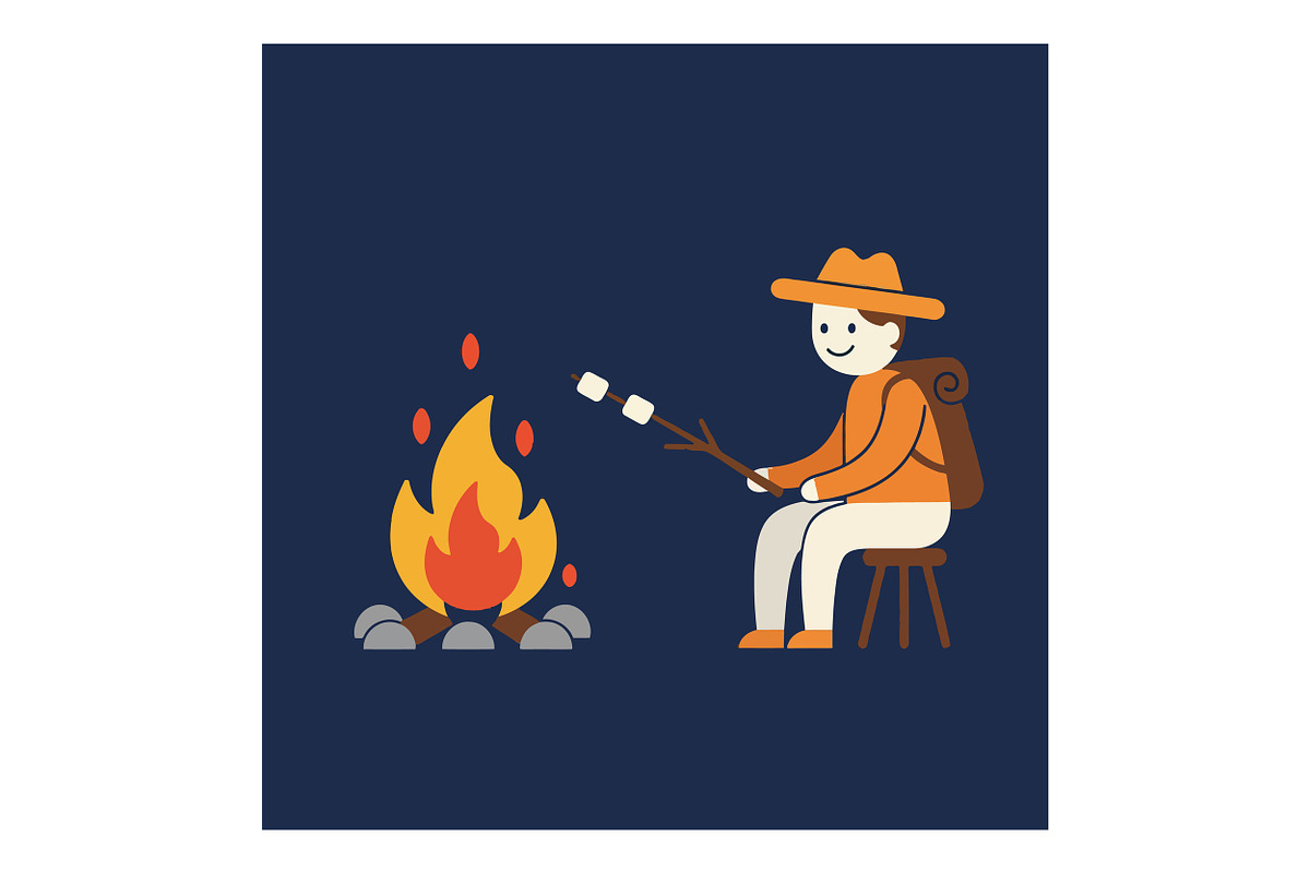 A cheerful camper roasting marshmall, an Illustration by designvectx