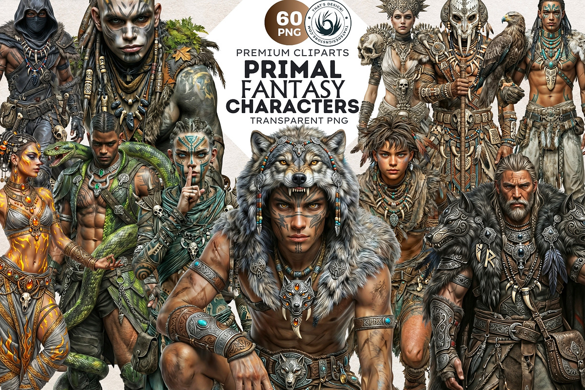 Primal Fantasy Tribal Characters PNG, a Person Illustration by ThatsDesignArt (Photo 1 of 13)