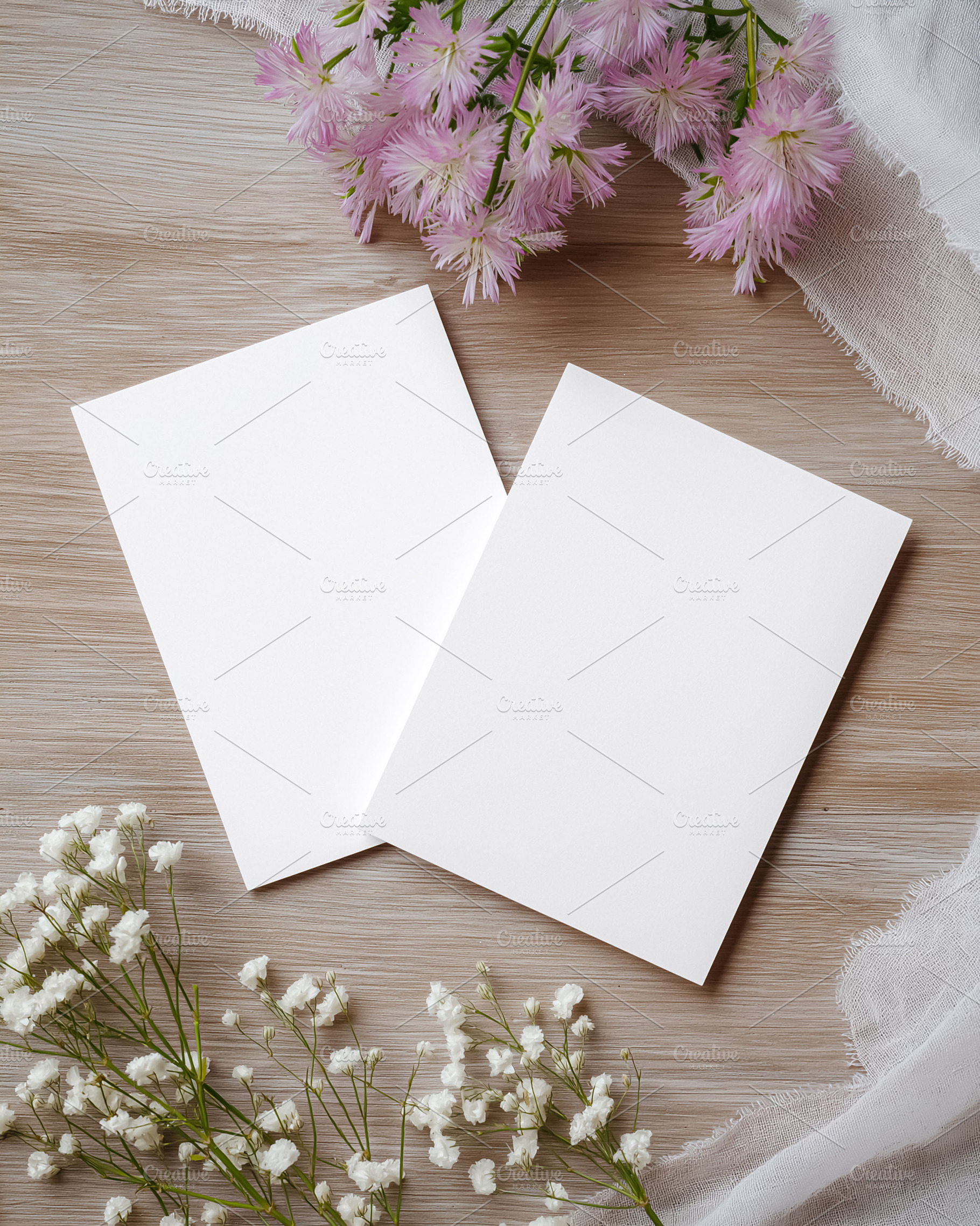 Blank vertical cards mockup on wood background with pink flowers and baby's bre, a Holiday Photo by Studio ANNA