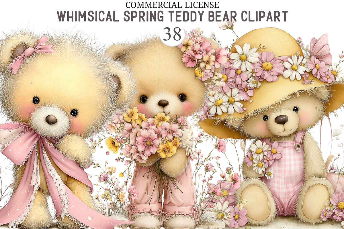 Whimsical Spring Teddy Bear Clipart, an Illustration by designcity5 (Photo 1 of 5)